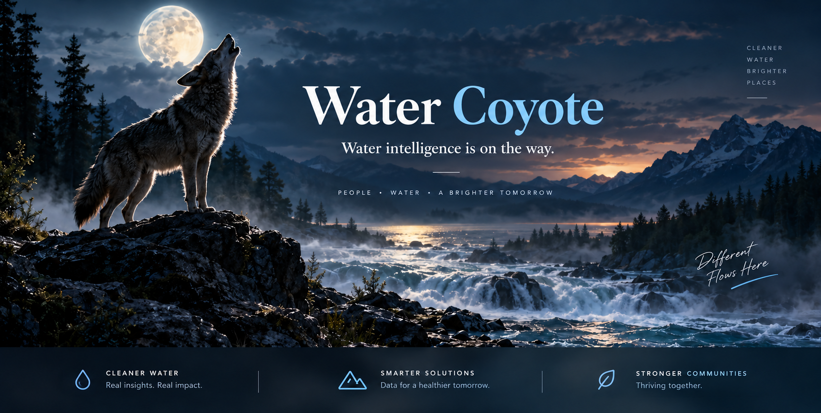 Water Coyote overlooking a mountain river under the moon